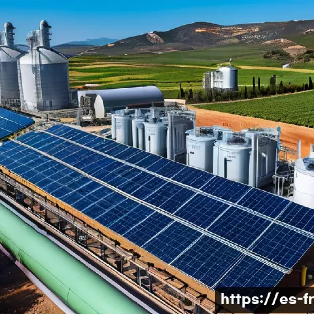 그린 수소 생산 방식의 종류 - A detailed industrial scene depicting a modern green hydrogen production facility using electrolysis...