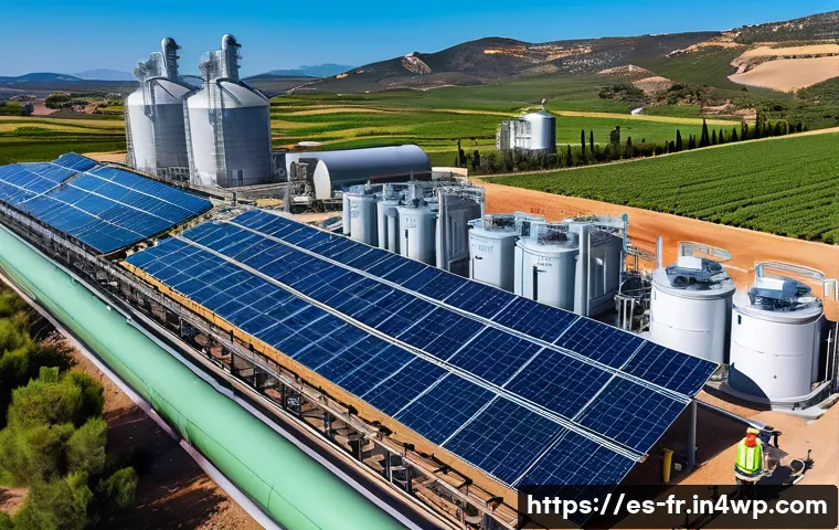 그린 수소 생산 방식의 종류 - A detailed industrial scene depicting a modern green hydrogen production facility using electrolysis...