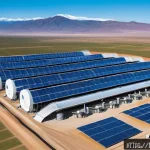 Home 21 그린 수소의 수출 가능성 - A futuristic hydrogen production plant in a sunny Chilean desert landscape, showcasing advanced larg...