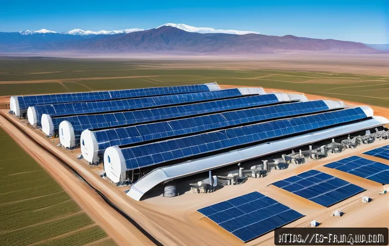 그린 수소의 수출 가능성 - A futuristic hydrogen production plant in a sunny Chilean desert landscape, showcasing advanced larg...