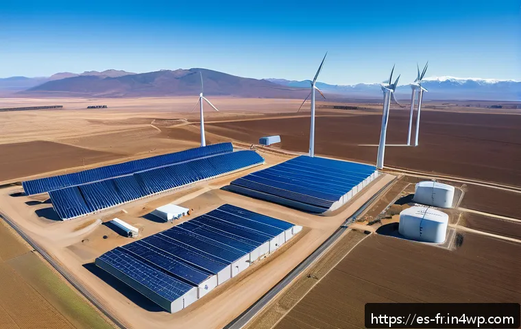 그린 수소 경제가 가져올 변화 - A modern hydrogen green energy production plant in a sunny Chilean landscape, featuring large solar ...