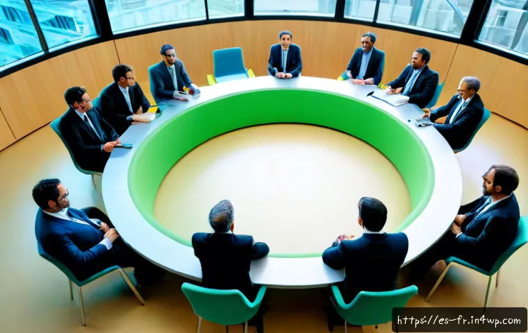 세계적인 그린 수소 포럼과 컨퍼런스 - Photorealistic international green hydrogen forum in a modern Barcelona conference hall, diverse Spa...
